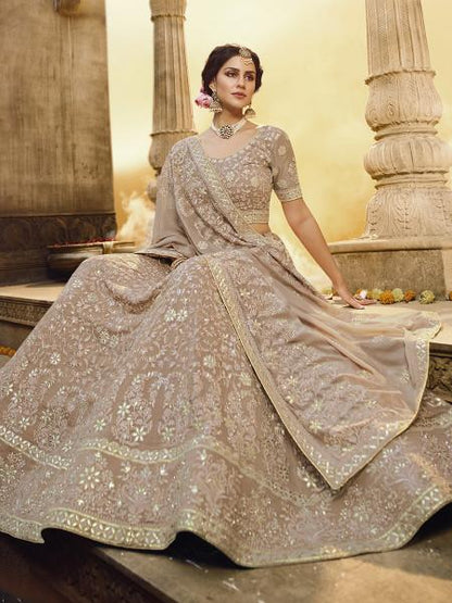 Women's  Light Brown Heavy Embroidered Georgette Lehenga