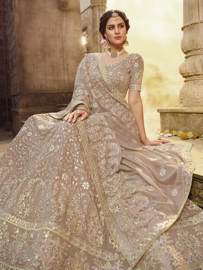 Women's  Light Brown Heavy Embroidered Georgette Lehenga