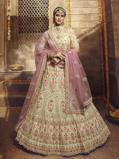 Women's  Cream Heavy Embroidered Organza Lehenga