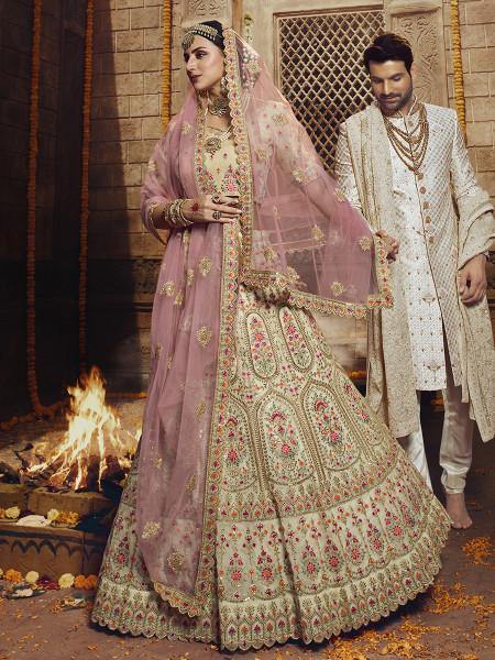 Women's  Cream Heavy Embroidered Organza Lehenga