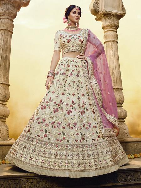 Women's  Off White Heavy Embroidered Georgette Lehenga