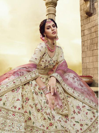 Women's  Off White Heavy Embroidered Georgette Lehenga