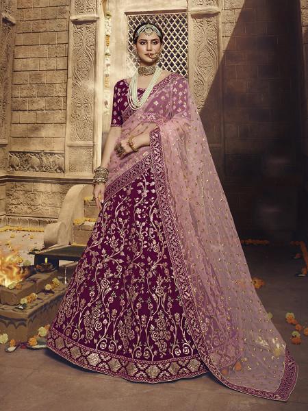 Women's  Wine Heavy Embroidered Georgette Lehenga