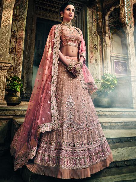 Women's  Rose Taupe Georgette Embroidered Lehenga