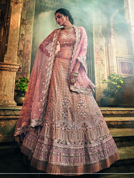 Women's  Rose Taupe Georgette Embroidered Lehenga