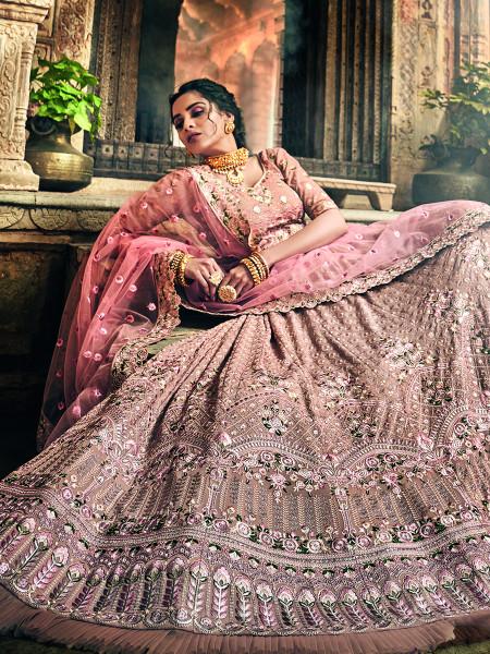 Women's  Rose Taupe Georgette Embroidered Lehenga