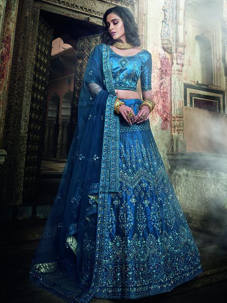 Women's  Kerosene Blue Art Silk Embroidered Lehenga