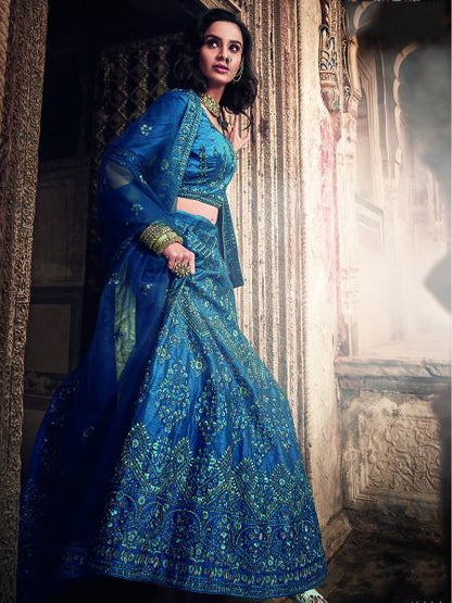 Women's  Kerosene Blue Art Silk Embroidered Lehenga