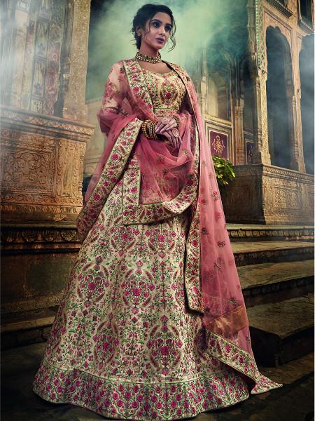 Women's  Jute White Art Silk Embroidered Lehenga