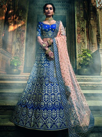 Women's  Navy Blue Art Silk Embroidered Lehenga