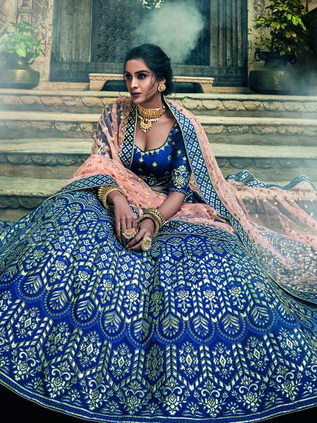 Women's  Navy Blue Art Silk Embroidered Lehenga