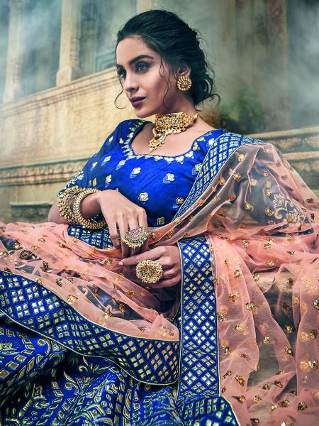 Women's  Navy Blue Art Silk Embroidered Lehenga