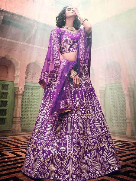 Women's  Wine Art Silk Embroidered Lehenga