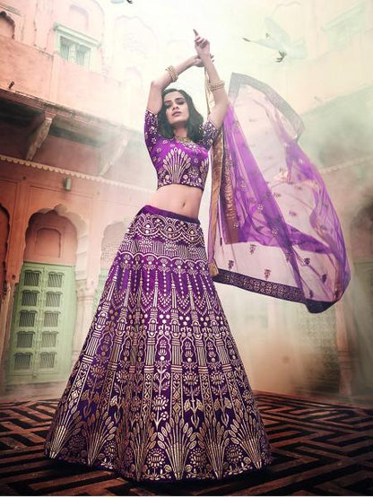 Women's  Wine Art Silk Embroidered Lehenga