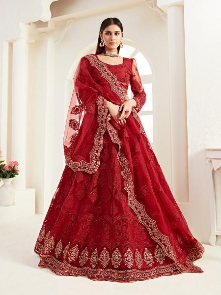 Women's  Red Heavy Embroidered Net Lehenga