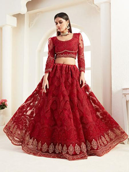 Women's  Red Heavy Embroidered Net Lehenga