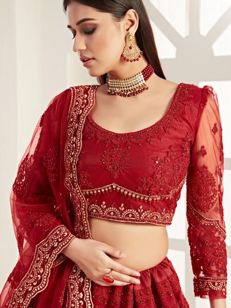 Women's  Red Heavy Embroidered Net Lehenga