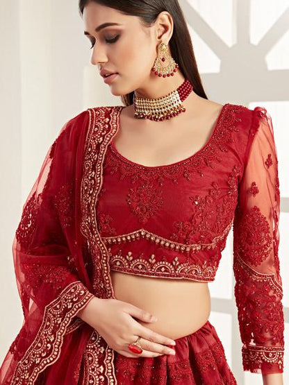 Women's  Red Heavy Embroidered Net Lehenga