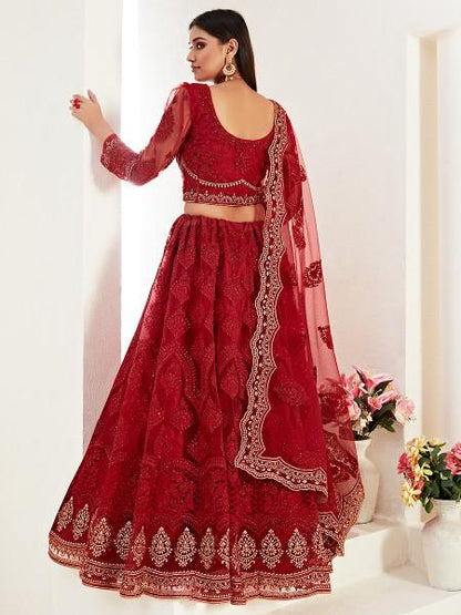 Women's  Red Heavy Embroidered Net Lehenga