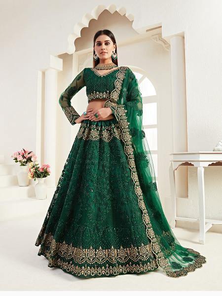 Women's  Emerald Green Heavy Embroidered Net Lehenga