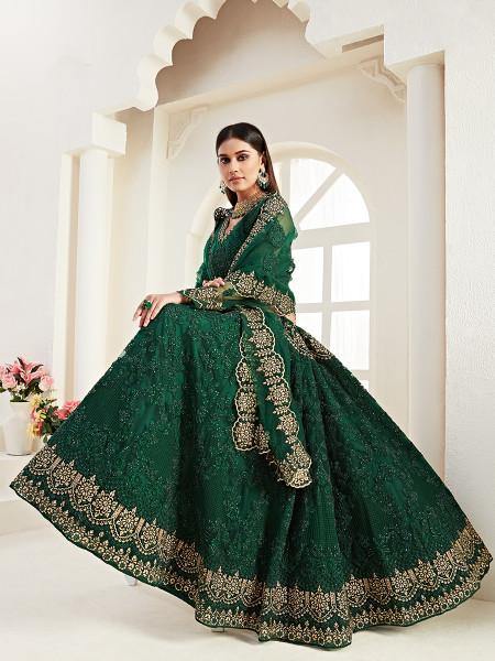 Women's  Emerald Green Heavy Embroidered Net Lehenga