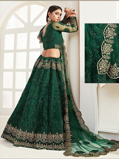 Women's  Emerald Green Heavy Embroidered Net Lehenga