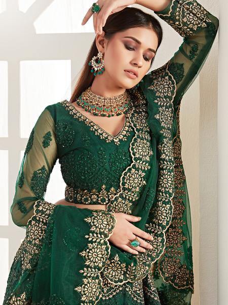 Women's  Emerald Green Heavy Embroidered Net Lehenga