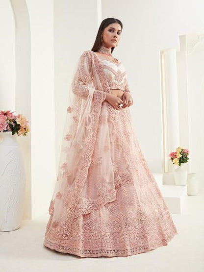 Women's  Light Peach Heavy Embroidered Net Lehenga