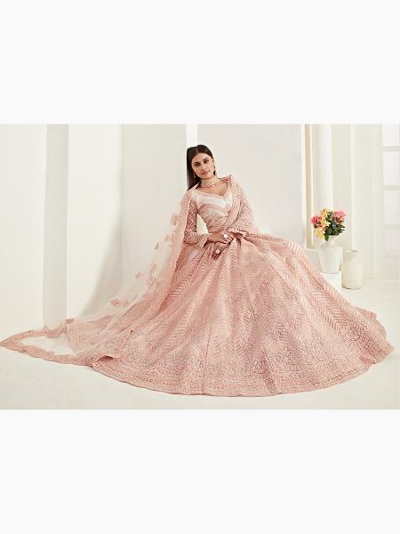 Women's  Light Peach Heavy Embroidered Net Lehenga