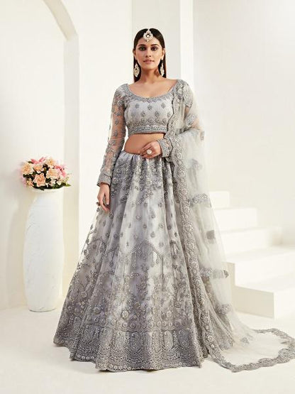 Women's  Light Grey Heavy Embroidered Net Lehenga