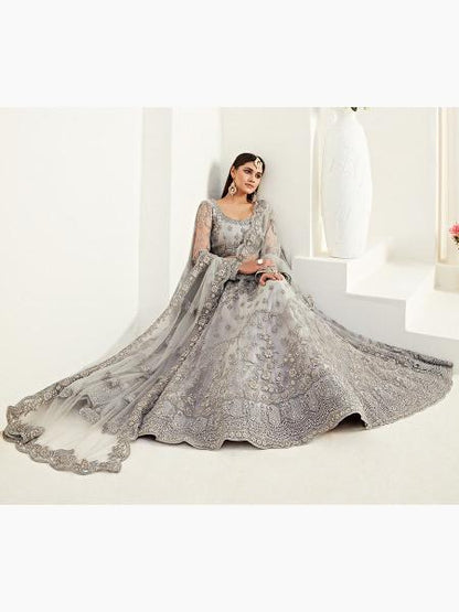 Women's  Light Grey Heavy Embroidered Net Lehenga