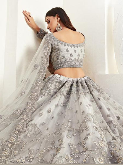 Women's  Light Grey Heavy Embroidered Net Lehenga