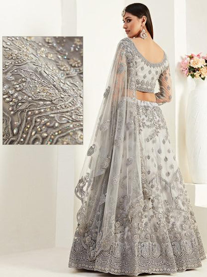 Women's  Light Grey Heavy Embroidered Net Lehenga