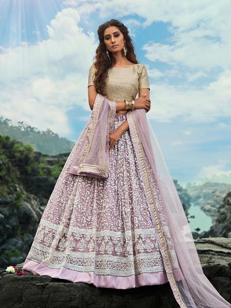 Women's  Cream And Lilac Net Embroidered Lehenga Choli