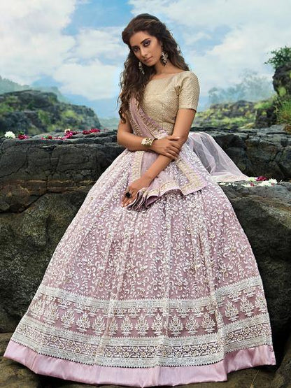 Women's  Cream And Lilac Net Embroidered Lehenga Choli