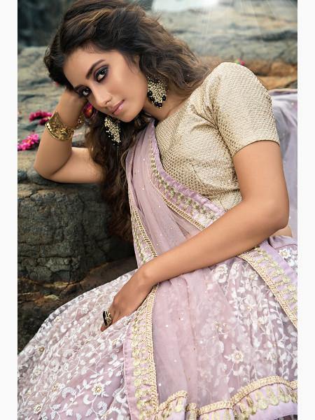 Women's  Cream And Lilac Net Embroidered Lehenga Choli