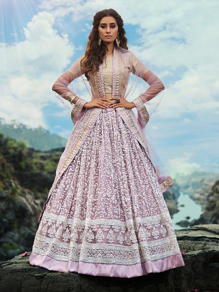 Women's  Cream And Lilac Net Embroidered Lehenga Choli