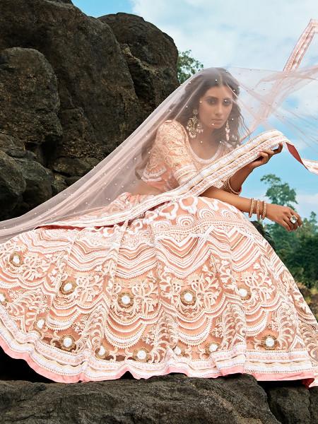 Women's  Peach Embroidered Net Lehenga Choli