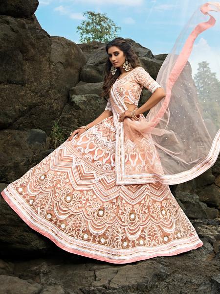 Women's  Peach Embroidered Net Lehenga Choli