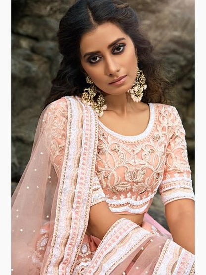 Women's  Peach Embroidered Net Lehenga Choli