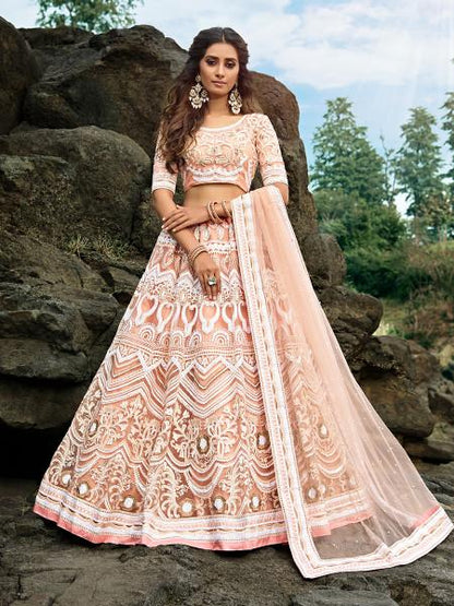 Women's  Peach Embroidered Net Lehenga Choli