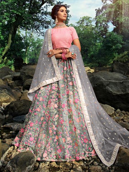 Women's  Pink And Grey Net Embroidered Lehenga