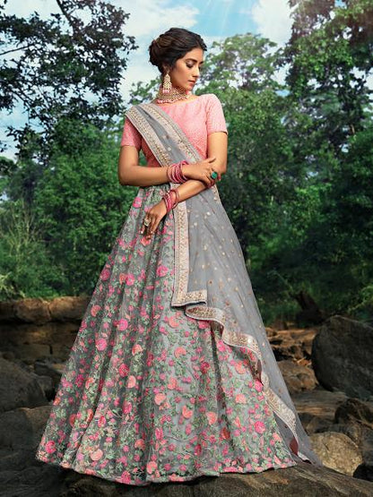 Women's  Pink And Grey Net Embroidered Lehenga