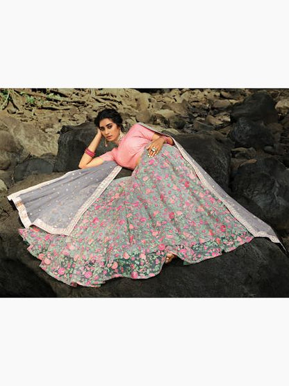 Women's  Pink And Grey Net Embroidered Lehenga