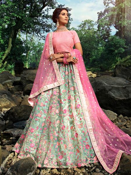 Women's  Pink And Light Green Embroidered Net Lehenga