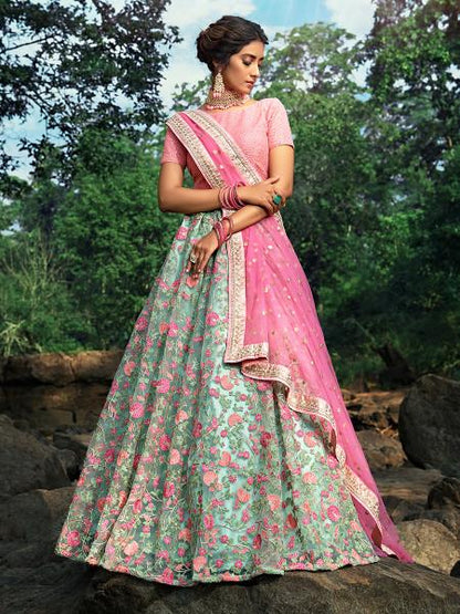 Women's  Pink And Light Green Embroidered Net Lehenga