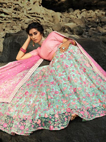 Women's  Pink And Light Green Embroidered Net Lehenga