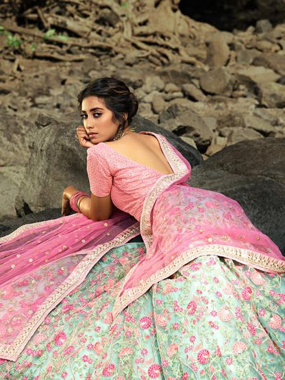 Women's  Pink And Light Green Embroidered Net Lehenga