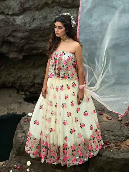 Women's  Multi And Off White Net Heavy Embroidered Lehenga