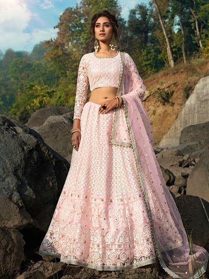 Women's  Baby Pink Net Heavy Embroidered Lehenga